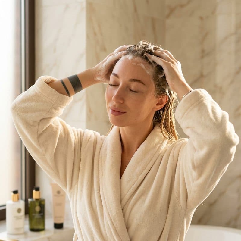 Massaging sulfate-free shampoo into the scalp with fingertips — extension-safe washing